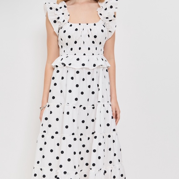 Elegant Black and White Polka Dot Midi Dress - Picture 6 of 6